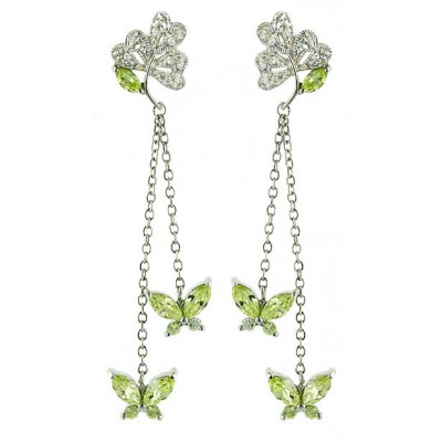 Sterling Silver Earring Apple Green Cubic Zirconia Leaf Top+2 Butterfly Dangle