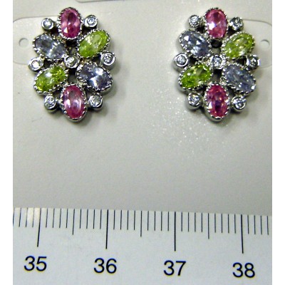 Sterling Silver Earring 6 Pink,Lv,Lg Cubic Zirconia with Cubic Zirconia Bezel (6S-2091Mc)