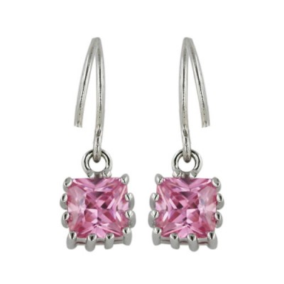 Sterling Silver Earring 6X6mm Square Princess Cut Pink Cubic Zirconia with 13 Pron