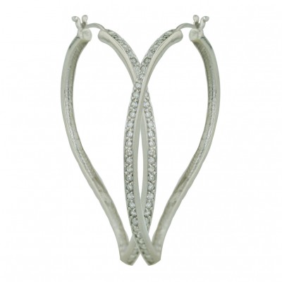 Sterling Silver Earring 45X33mm Outward Clear Cubic Zirconia Open Leaf Hoop Latc