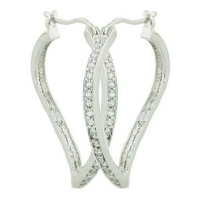 Sterling Silver Earring 28X21mm Outward Clear Cubic Zirconia Open Leaf Hoop Latc