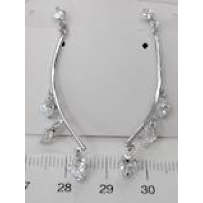 Sterling Silver Earring Curve Stick with 3 Clear Cubic Zirconia Heart Dangle