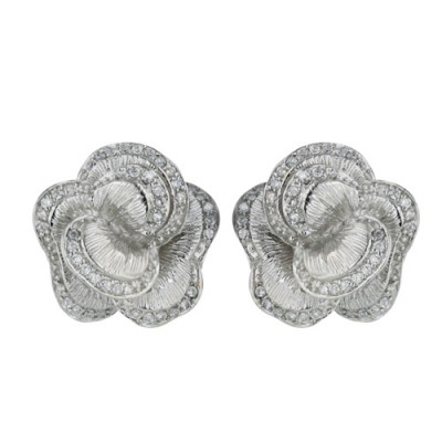 Sterling Silver Earring 22X22mm Plain Line Texture Flower with Clear Cubic Zirconia Ar