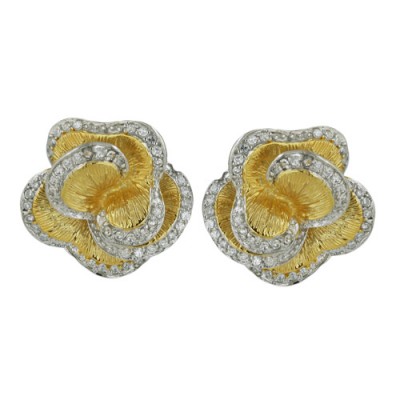 Sterling Silver Earring 22X22mm 2 Tone Gold Plain Line Texture Flower
