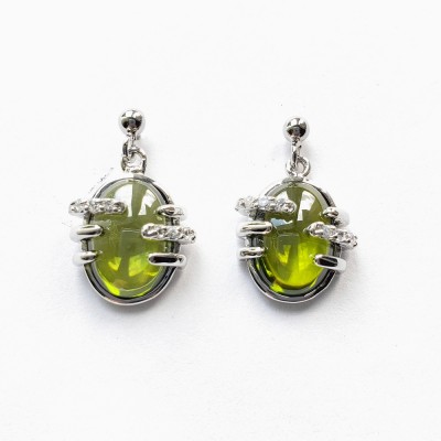 Sterling Silver Earring Oval Olivine Cubic Zirconia Cabochon with Plain+Cubic Zirconia Line