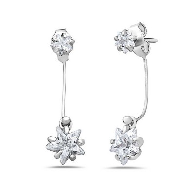 Sterling Silver Earring Star Post with (Butterfly Back) Cubic Zirconia Star Dang