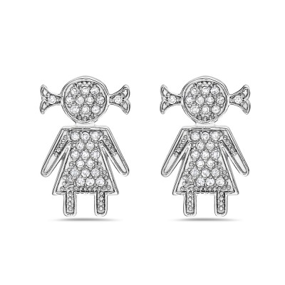 Sterling Silver Earring 21X13mm Clear Cubic Zirconia Girl with Ponytail--Rhodium Plating/Nickle Free--