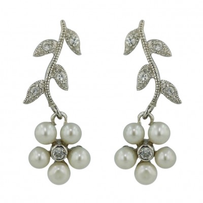 Sterling Silver Earring White Fresh Water Pearl Flower Dangle-Rhodium Plating