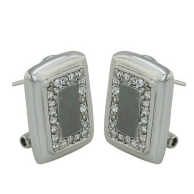 Sterling Silver Earring 20X15mm Black Rhodium Plating Rectangular with Clear Cubic Zirconia Around+Omega B