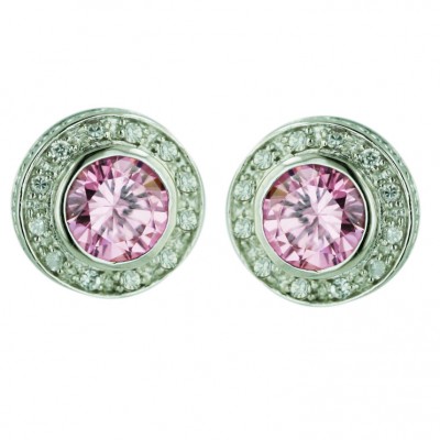 Sterling Silver Earring Round Braided with Pink Cubic Zirconia--Rhodium Plated