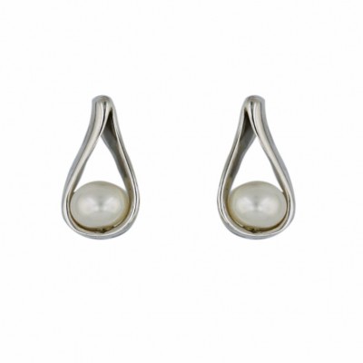 Sterling Silver Earring 5mm Potato White Fresh Water Pearl with Open Silver Tear Drop-