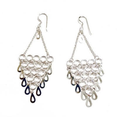 Sterling Silver Earring 1/2 Circle Links Rhombus with Open Tear Drop Champagne
