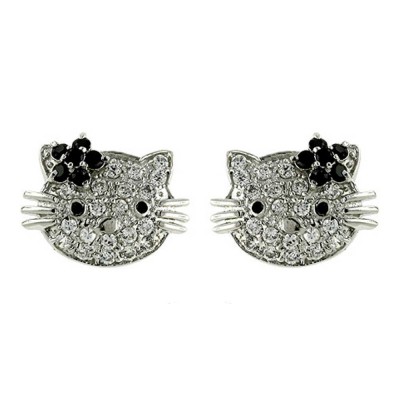 Sterling Silver Earring Pave Cubic Zirconia Kitty Cat with Black Cubic Zirconia Flower+Eyes