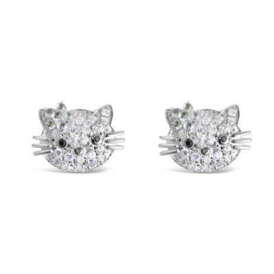 Sterling Silver Earring Pave Cubic Zirconia Kitty Cat with Aqua Marine Glass Flower+Eyes