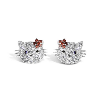 Sterling Silver Earring Pave Cubic Zirconia Kitty Cat with Garnet Cubic Zirconia Flower+Eyes