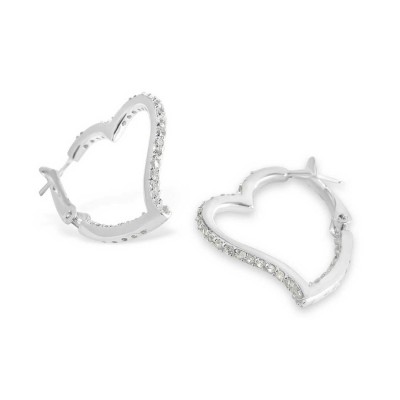 Sterling Silver Earring Aside Heart In+Out Cubic Zirconia with Omega Back--E-Co