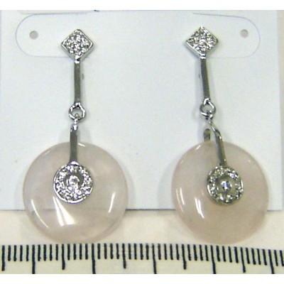 Sterling Silver Earring Clear Cubic Zirconia Square Top+Rosequartz Donut