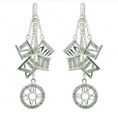 Sterling Silver Earring 4 Chain with Cubic Zirconia Roman Numeric Dangle--E-Coa