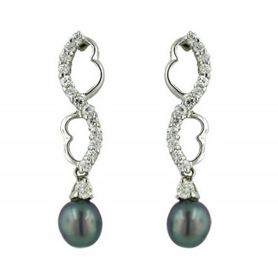 Sterling Silver Earring Criss Cross Plain+Cubic Zirconia Lines with Gray Fresh Water Pearl
