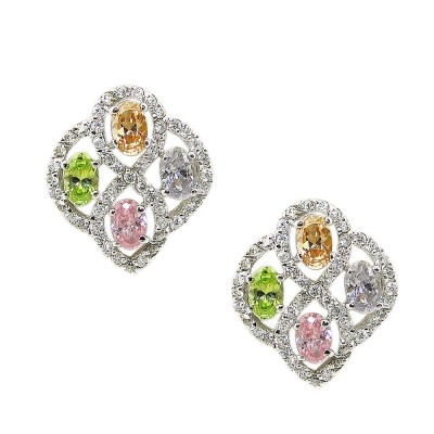 SS Earg 4 Oval Lg,Ch,Lv,Pk Cz W/ Criss Cross Cz, Multicolor