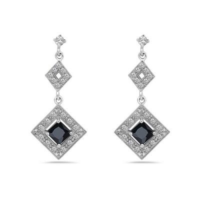 Sterling Silver Earring 2 Open Diamond Shaped Top+5X5mm Princess C