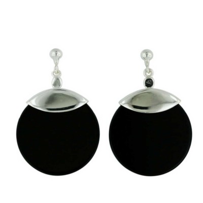 Sterling Silver Earring 20mm Round Onyx Dangle--E-Coat