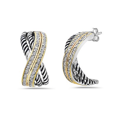 Sterling Silver Earring Criss Cross Double Oxidized Rope+2 Tone Cubic Zirconia Li
