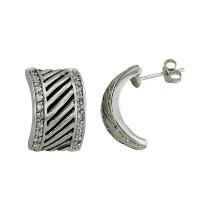 Sterling Silver Earring 1 Tone Cubic Zirconia Lines with Wide Oxidized Rope