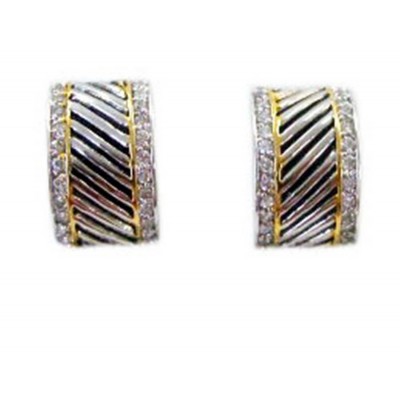 Sterling Silver Earring 2 Tone Cubic Zirconia Lines with Wide Oxidized Rope