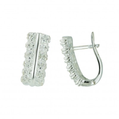 Sterling Silver Earring (12Pcs) 2 Way Princess Cut Clear Cubic Zirconia 'U' Huggie
