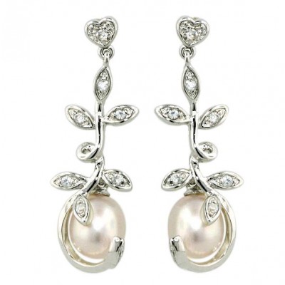 Sterling Silver Earring Cubic Zirconia Heart Top+Filigree Marquis Leaf+White F