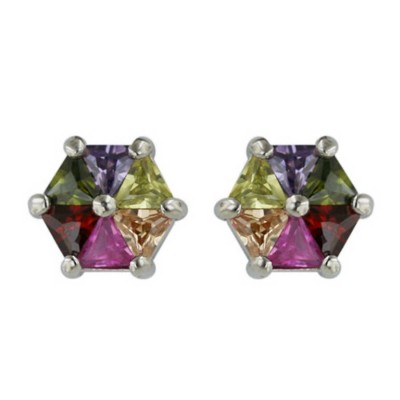 Sterling Silver Earring 6Pcs Triangle Garnet +Olivine+Amethyst+Light Green+Champagne+Fs Cubic Zirconia S