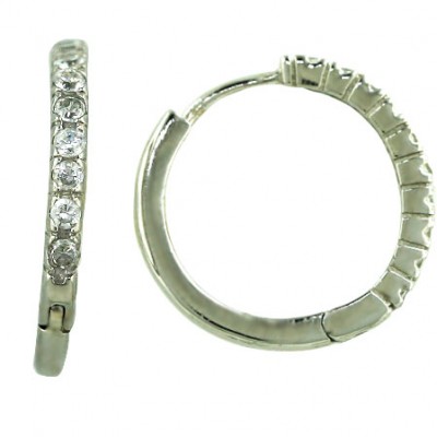 Sterling Silver Earring Clear Cubic Zirconia Hoop Hugges--Rhodium Plating