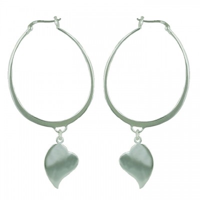 Sterling Silver Earring Oval Latch Hoop with Plain Flat Heart Dangle