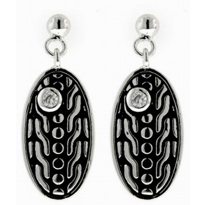 Sterling Silver Earring Oxidized Rope Pattern Oval Dangle with Clear C