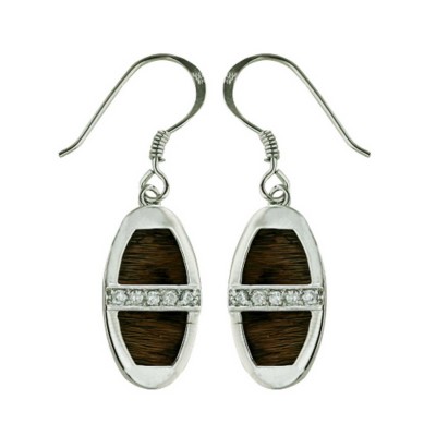 Sterling Silver Earring Oval Leopard Brown Leather with Clear Cubic Zirconia Lines