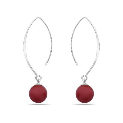 Sterling Silver Earring Long Almond Hook 12 Mm Red Jasper Ball