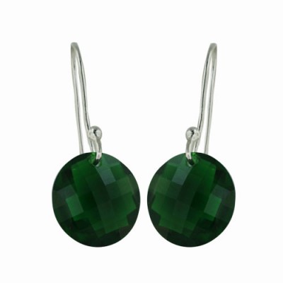 Sterling Silver Earring Chess Cut Emerald Glass Round 13 mm with Fi