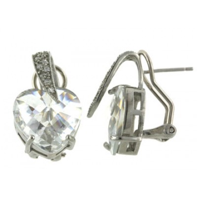 Sterling Silver Earring Chess Cut Clear Cubic Zirconia Heart with Omega Back--Nickle Free