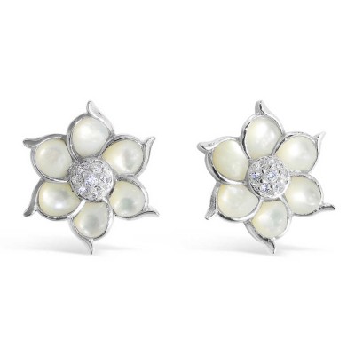 Sterling Silver Earring White Mother of Pearl+Cubic Zirconia Flower