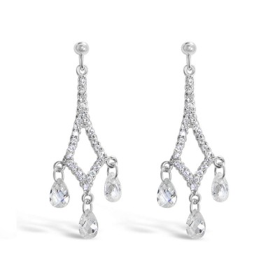 Sterling Silver Earring Open Cubic Zirconia Rhombus Chandelier with 3 Chess Cut