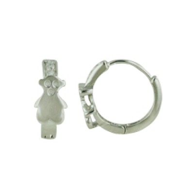 Sterling Silver Earring Clear Cubic Zirconia Huggies with Plain Teddy Bear--Rhodium Plating