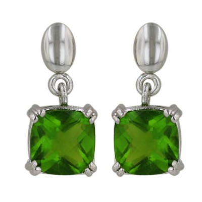 Sterling Silver Earring Plain Oval Top+8X8mm Chess Cut Cushion Peridot