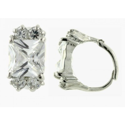 Sterling Silver Earring 7X7mm Square Clear Cubic Zirconia with Clear Cubic Zirconia Top+Bottom Huggie