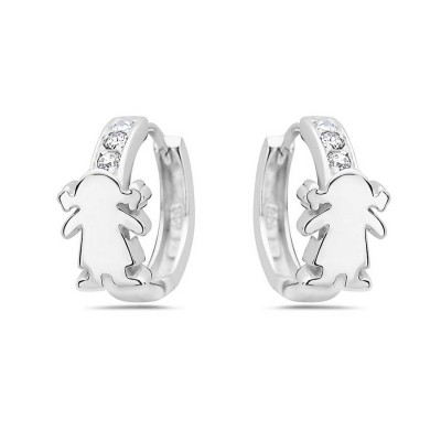 Sterling Silver Earring Plain Little Girl with Clear Cubic Zirconia Huggies--E-coated/N