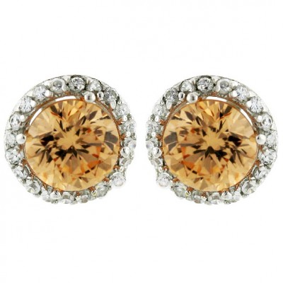 Sterling Silver Earring 8mm Round Champagne Cubic Zirconia with Cubic Zirconia Stud