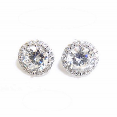 Sterling Silver Earring 8mm Round Clear Cubic Zirconia with Cubic Zirconia Stud