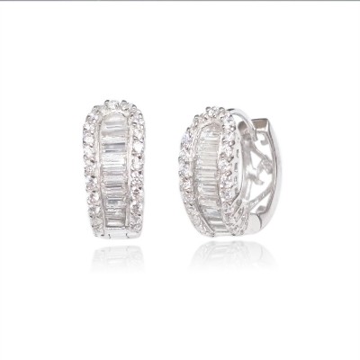 Sterling Silver Earring Clear Cubic Zirconia Baguette with Cubic Zirconia Around Huggies+Open