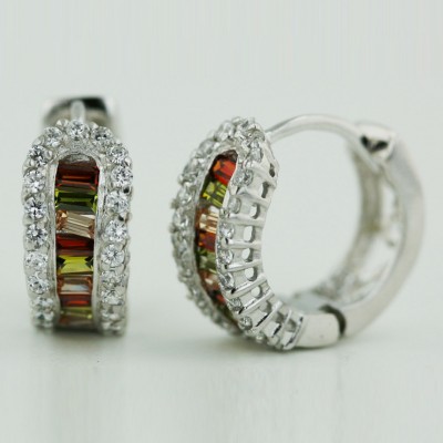 Sterling Silver Earring Garnet +Lv+Olivine+Amethyst+Champagne Baguette with Cubic Zirconia Ard Huggies