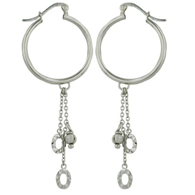 Sterling Silver Earring 26mm Circle Hoop with Dusted Ball+Diamd Cut